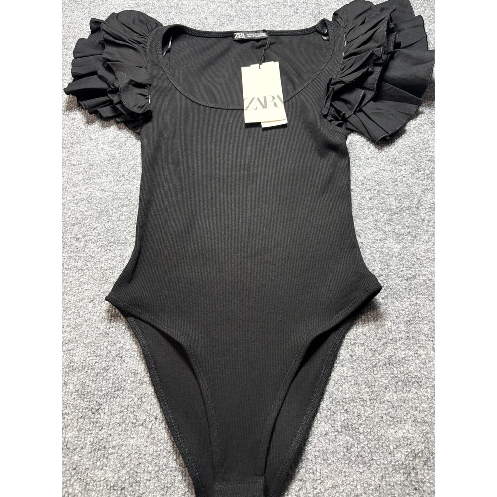 Zara Black Ribbed Ruffle Sleeve Bodysuit Scoop Neck NWT Small